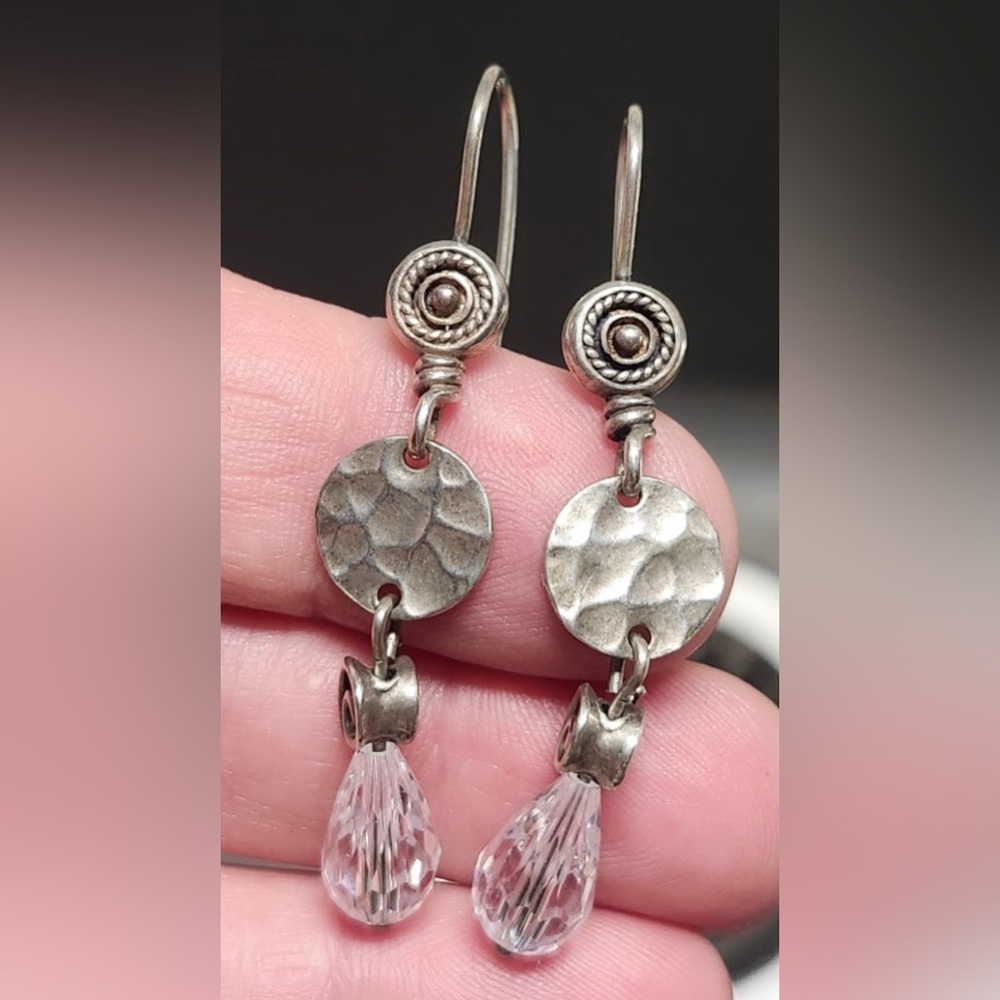 Silpada Hammered 925 Sterling Silver Cubic Zirconia Swirl Dangle Drop Earrings